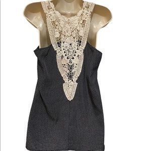 Skies Are Blue NWT Navy silky Tank with crocheted unique back Sz L